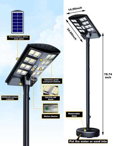 8000W haute puissance IP68 étanche extérieur 6.5ft pôle, 3000K/4000K/6500K lampadaires solaires crépuscule à l'aube lumières de sécurité solaires