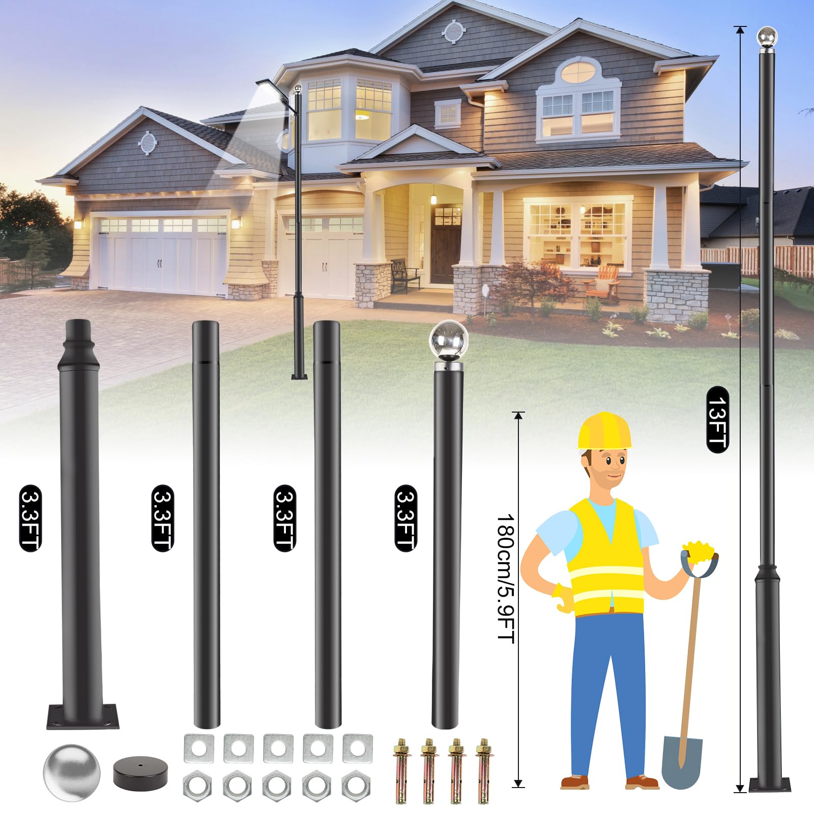 Poteau de lampadaire extérieur en métal de 10 pieds de haut, poteaux de lampe solaire parfaits pour l'arrière-cour, le Patio, la rue et les luminaires, offre spéciale